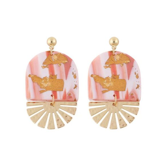 Cotton Candy Pink Marbled Gold Abstract Mixed Media Drop Earrings - Picture 3 of 6